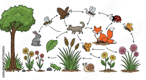 Food chain vector illustration featuring forest animals and plants in flat design for educational use