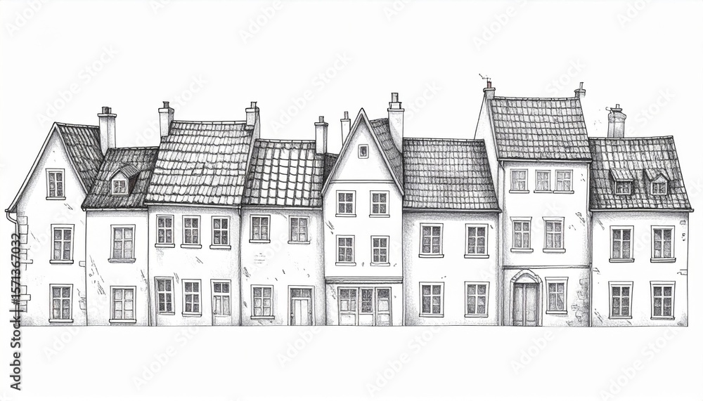 Naklejka premium Black And White Sketch Of Row Houses In A Historic Town