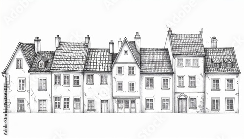 Black And White Sketch Of Row Houses In A Historic Town