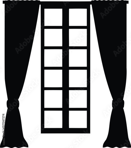 Elegant Drapes and Curtains on Window Pane - Stylish Interior Design Vector Art