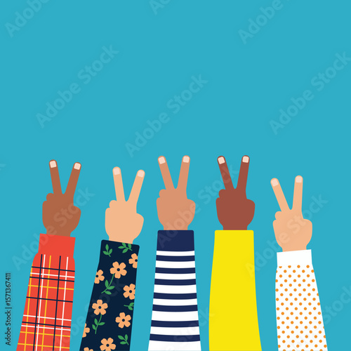 Diverse Hands Making Peace or Victory Sign – Vector Illustration