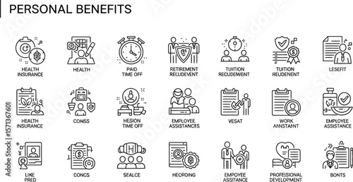 Collection of personal benefits icons representing employee perks and support