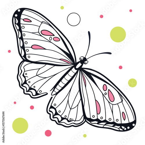 Illustration of a butterfly with black outlines and pink and green circles scattered around it