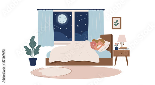 Cozy nighttime bedroom scene with sleeping woman and night sky vector illustration