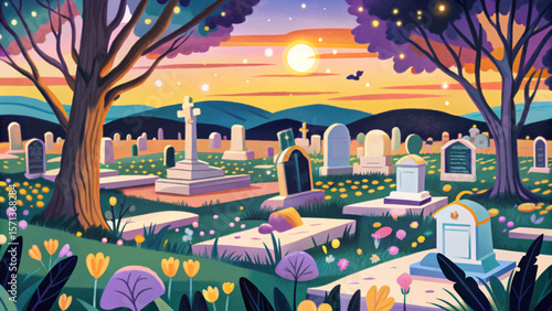 Cemetery landscape vector, blue hour scene, glowing fireflies, mysterious atmosphere, tombstones, twilight sky, quiet graveyard, night nature, calm mood, spiritual art, fantasy silence