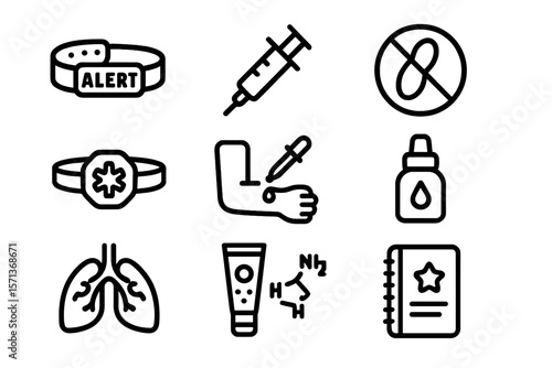 Medical alert and allergy prevention vector illustration - healthcare icons in line art style for educational and informational use