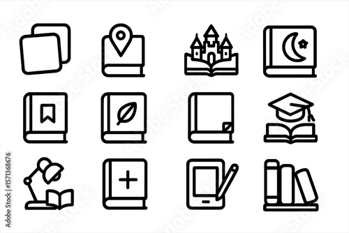 Educational and literary icons vector illustration - black line style for digital apps and learning materials