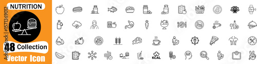 Nutrition line icon set. Containing food, vegetables, water, meal planning, fruits, dietary fiber, protein, vitamins, and more. Vector illustration.