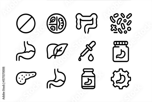 Digestive health icon set vector illustration, ideal for health apps or educational materials in flat style