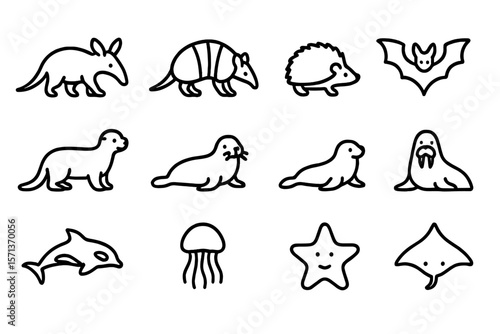 Cute animal icons vector illustration for design: flat style sea and land creatures
