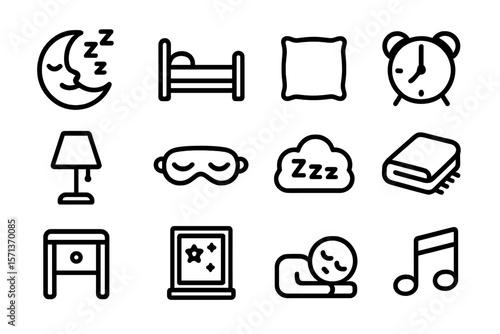 Sleep and nighttime icons vector illustration for design: bed, pillow, alarm clock, and more in line style