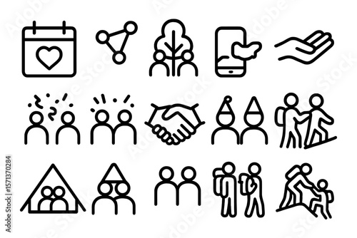 Minimalist icons vector illustration of community, tree, and social interaction concepts