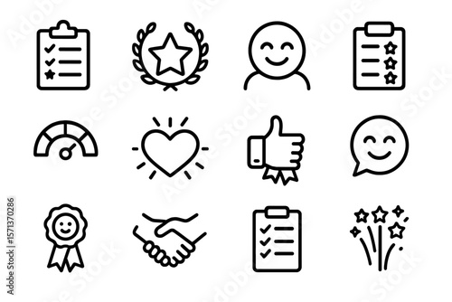 Vector illustration of minimalist icons featuring awards, communication, and productivity themes