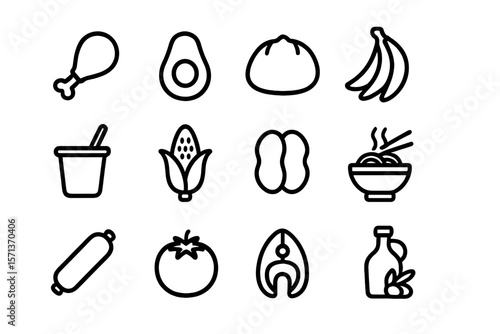 Food icon set vector illustration: minimalist black line design for digital applications