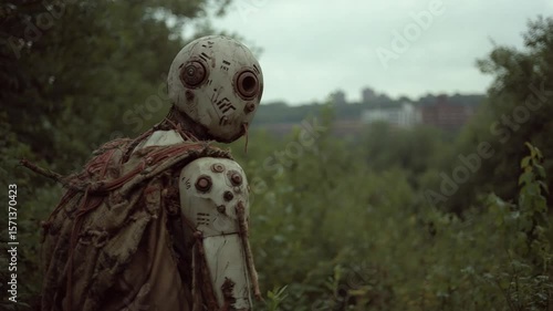 A weathered robot figure stands in a lush green landscape, gazing into the distance. The scene conveys a sense of solitude and exploration in a post-apocalyptic setting.
