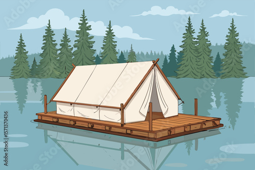 Vector illustration Floating tent on a raft amidst calm Californian waters. Features sun, nature, summer, travel.