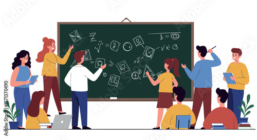 Classroom math lesson vector illustration featuring students and teachers