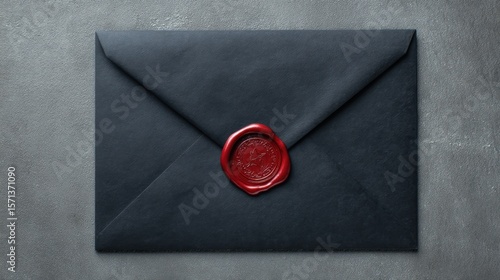 Elegant black envelope sealed with red wax stamp on grey background perfect for Halloween invitations, mystery novels, gothic branding and themed stationery visuals