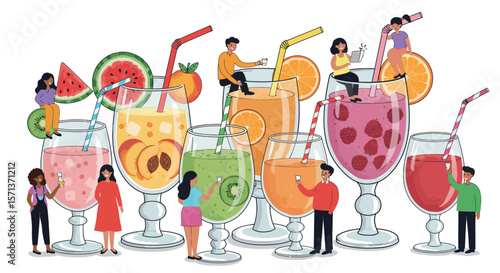 Colorful fruit juice celebration with people enjoying refreshing drinks in flat vector illustration