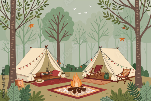 Vector forest glamping scene luxury tents, camping, campfire, landscape, nature, trees, serene, relaxing.