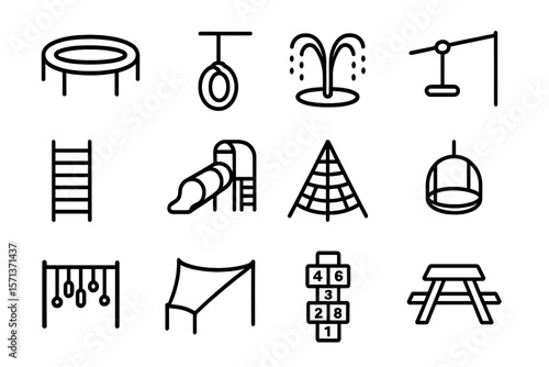 Playground equipment vector illustration: trampoline, slide, swings, and more