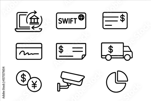 Financial and security vector illustration: online banking and currency icons in minimalist design