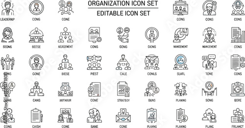 Organization icon set featuring leadership management and planning concepts