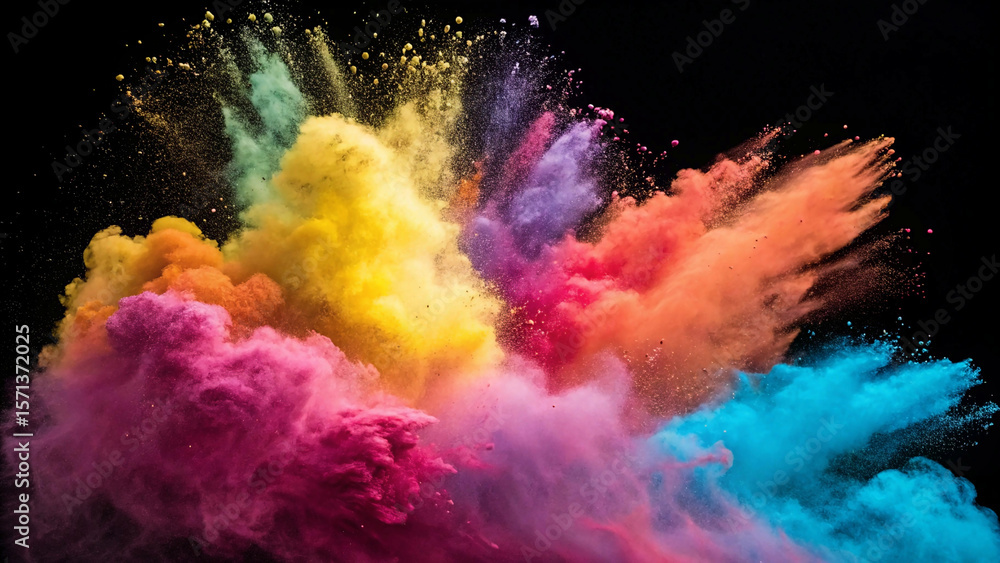 Fototapeta premium A vibrant multi-colored powder explosion creates a dynamic burst of colorful pigment against a dark background.