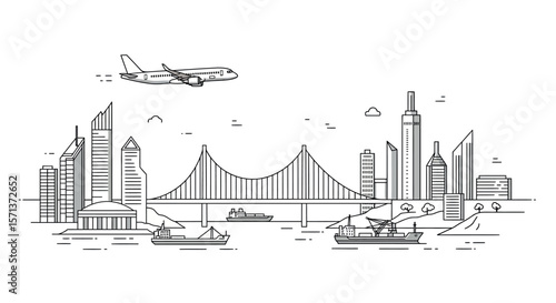 Urban cityscape with bridge and airplane in line vector illustration for design projects
