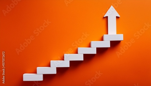 white staircase with upward arrow on bright orange background concept of growth and progress