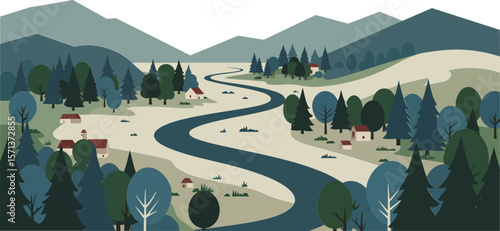 Serene mountain landscape with winding river and scattered cottages in muted blue and green tones