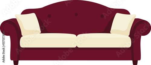 Comfortable burgundy red sofa with cream cushions in modern interior design setting