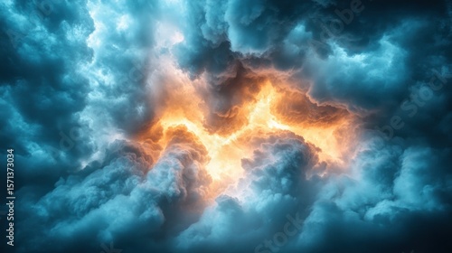 Dramatic sky, vibrant colors, storm clouds, and a burst of light