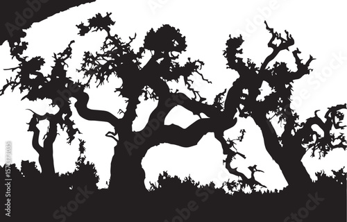 Black vector silhouettes of trees, branches, and people illustrate a serene forest landscape
