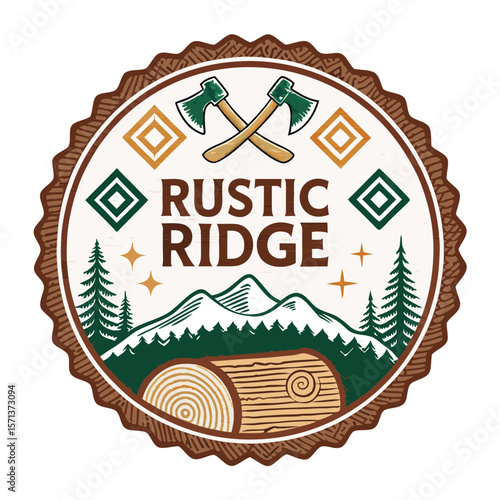Rustic badge design featuring an axe, log, and ridge elements.