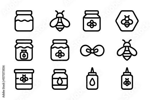 Honey and bee vector illustration set with jars and icons for labels and packaging design