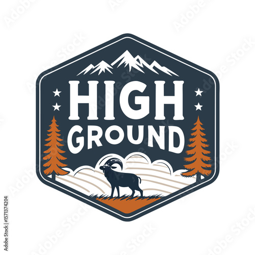 A badge featuring the text "High Ground" and an illustration of a mountain goat, possibly the first in a series.