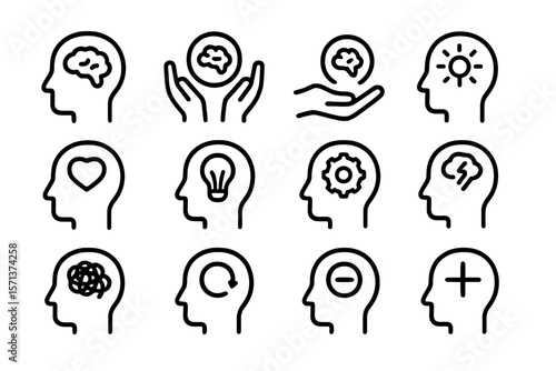 Mental health and creativity symbols vector illustration in line art style