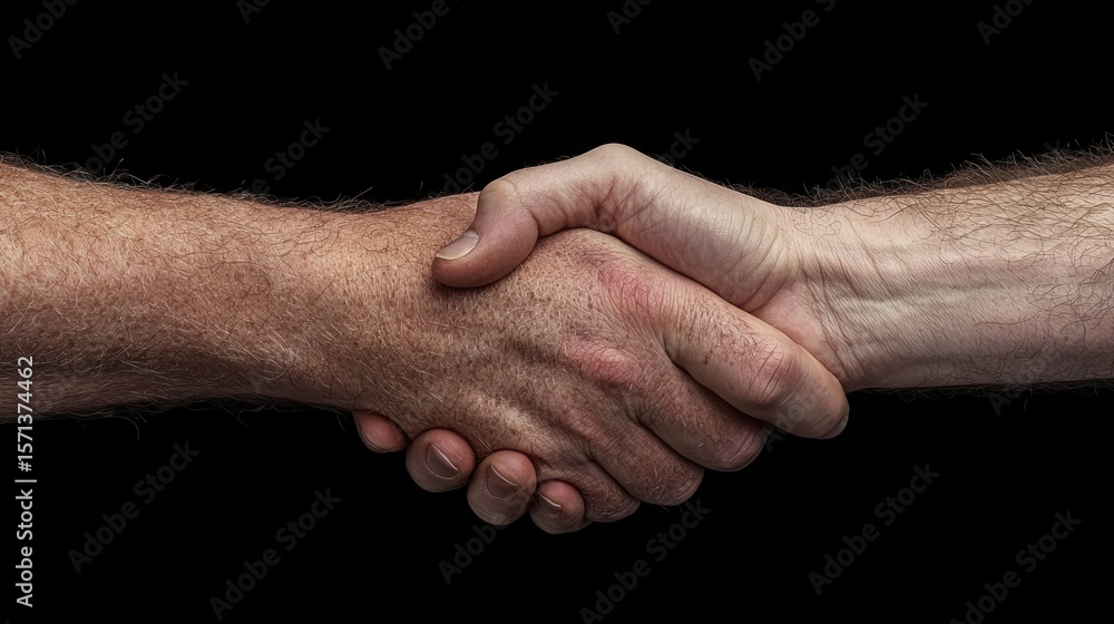 Fototapeta premium Two hands firmly shaking against a black background, symbolizing agreement, partnership, or cooperation.