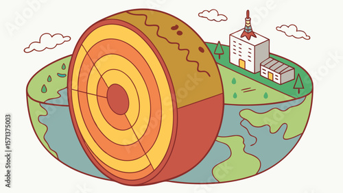 Illustration of a cross section of the earth with visible layers and surface with buildings and trees