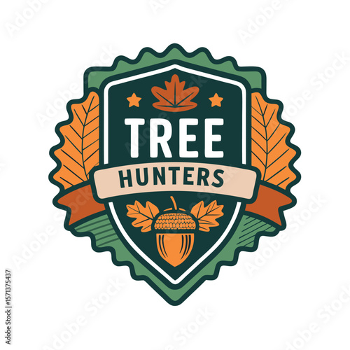 A badge design featuring a stylized tree, acorn, and oak leaf, ideal for a tree-hunting club or nature enthusiasts.