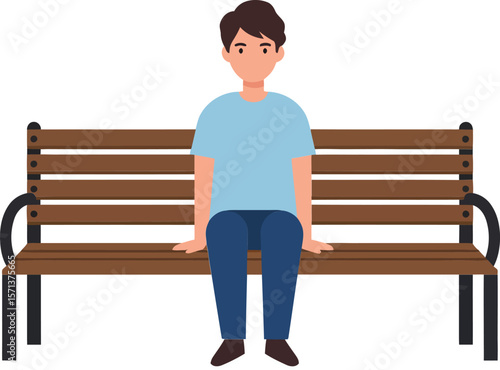 Young man sitting alone on wooden park bench in casual clothes isolated on white background