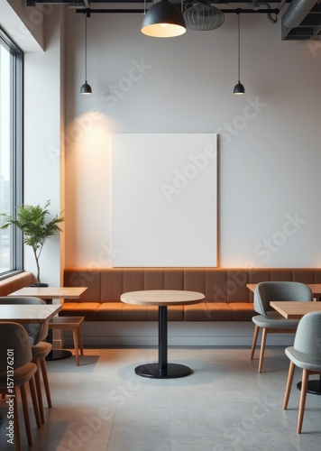 A minimalist modern cafe interior featuring a pristine white poster mockup ready to showcase your captivating copy against a sleek minimalist backdrop  professional presentation blank empty  creative 