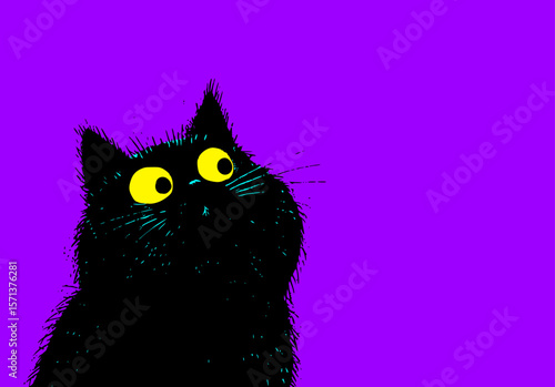 Curious black cat with staring eyes on vibrant colorful background in pop art style