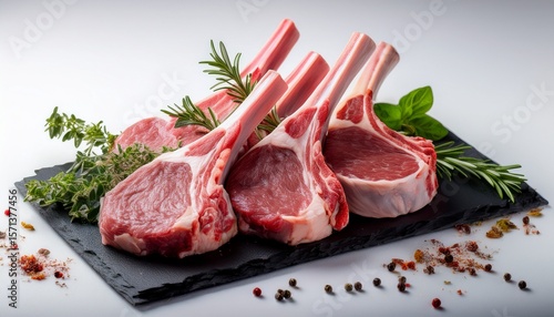 raw lamb chops are garnished with herbs and spices on a white surface showcase meat quality food preparation and healthy eating concepts