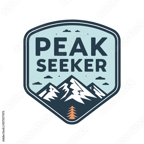 A badge design featuring a stylized peak seeker silhouetted against a snow-capped mountain peak.
