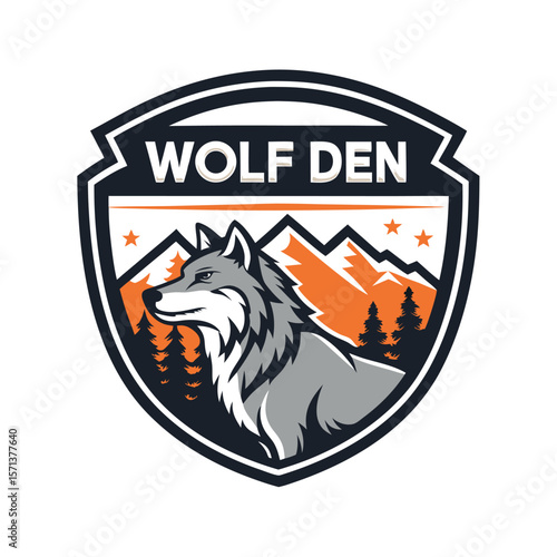 A profile view of a wolf's head badge, possibly for a "Wolf Den" group or organization.