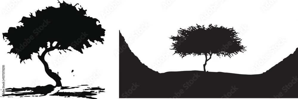 Fototapeta premium Vector silhouette illustration of a man, woman, and girl at sunset with palm trees.