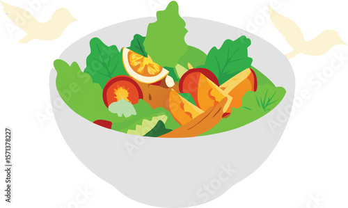 A crisp, green salad in a white bowl, with visible fresh ingredients, for healthy eating.