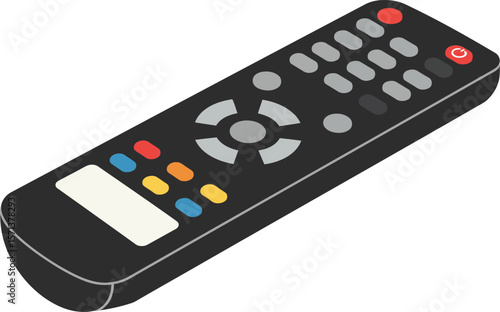 Black remote control with colorful buttons and ergonomic design isolated on white background for electronic devices use